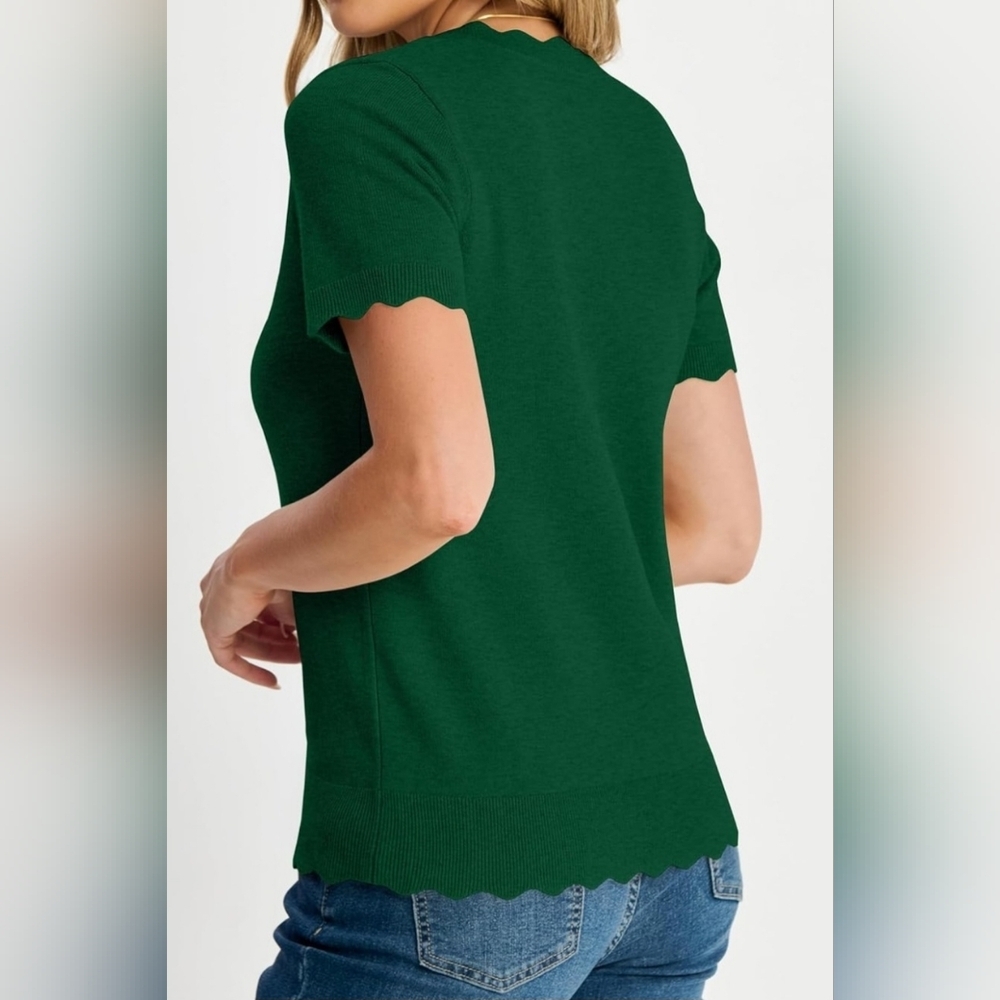 Green Scalloped V-Neck Ribbed Knit Short Sleeve Sweater Top | NWT | Size Large - Picture 6 of 6